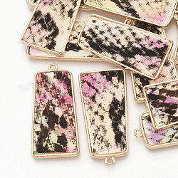 Eco-Friendly Cowhide Leather Pendants, with Golden Plated Alloy Cabochon Settings, Trapezoid with Imitation Snakeskin Pattern, Pink, 40~41x20x2.5mm, Hole: 1.6mm