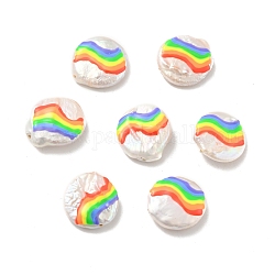 Cuentas de perlas naturales de esmalte redondas planas, patrón de arco iris, colorido, 17x16x5mm, agujero: 1 mm