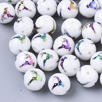Perles de verre opaque de Noël, rond avec motif de renne / cerf de Noël élan galvanoplastie, multi-couleur plaquée, 10mm, Trou: 1.2mm