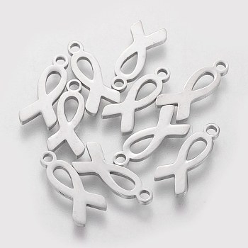 304 Stainless Steel Charms, Awareness Ribbon, Stainless Steel Color, 14.5x6.1x1mm, Hole: 1.5mm