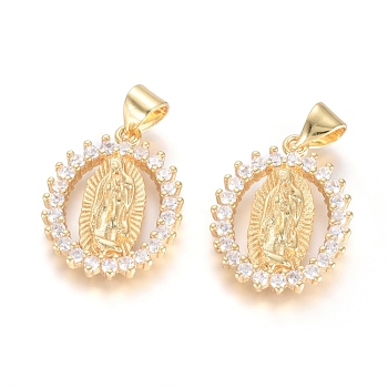 Brass Micro Pave Cubic Zirconia Pendants, Lady of Guadalupe Charms, Long-Lasting Plated, Oval with Virgin Mary, Golden, Clear, 20x15x2.5mm, Hole: 5x3mm
