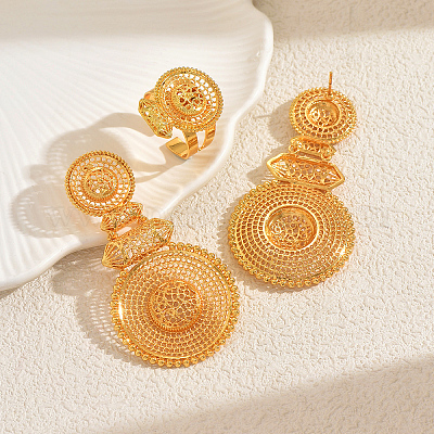 Комплекты из винтажного сплава с полыми плоскими круглыми серьгами-гвоздиками и кольцами-манжетами для женщин GP8127-1