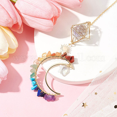 Подвески из натуральных и синтетических драгоценных камней с латунной луной и цепочкой-тросом HJEW-JM01646-1