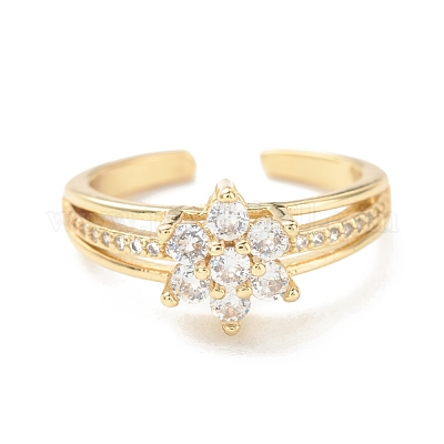 Открытое кольцо-манжета с цветком из прозрачного циркония RJEW-P204-05G-1