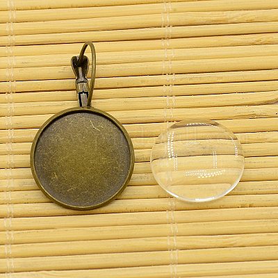 Латунные компоненты серьги-обруча и плоские круглые прозрачные стеклянные кабошоны KK-X0004-NF-1