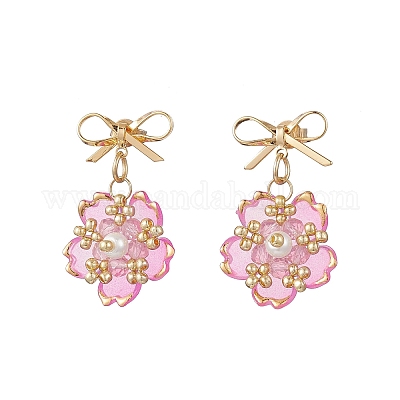 Серьги-гвоздики с подвесками из стеклянных бусин ручной работы в виде цветка EJEW-MZ00471-1