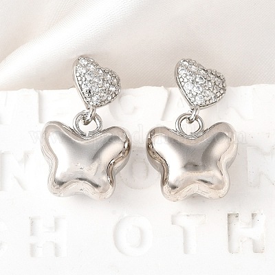 Висячие серьги-гвоздики с сердцем и бабочкой из латуни с микропаве из прозрачных кубических цирконий EJEW-Z099-01P-1