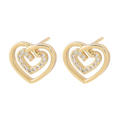 Серьги-гвоздики в форме сердца из латуни с прозрачным фианитом и прозрачным фианитом EJEW-F400-28A-G-1