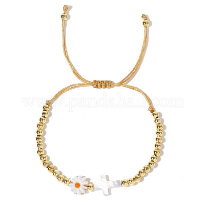 Модные женские браслеты из латунных бусин и крестовин с ромашками и плетеными бусинами PV3850-1