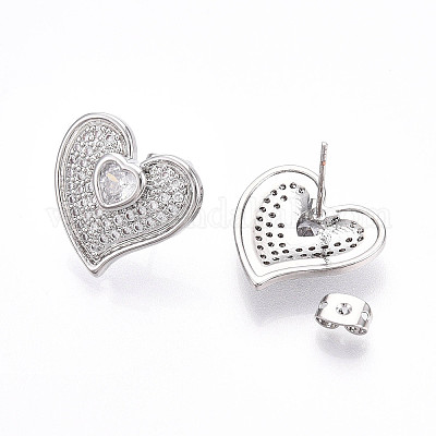Серьги-гвоздики из латуни в форме сердца с прозрачным фианитом и паве EJEW-M258-32P-1