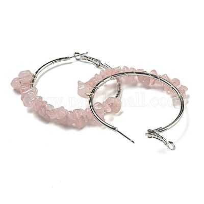Серьги-кольца из сплава с медной проволокой из натурального розового кварца EJEW-Q388-01A-1