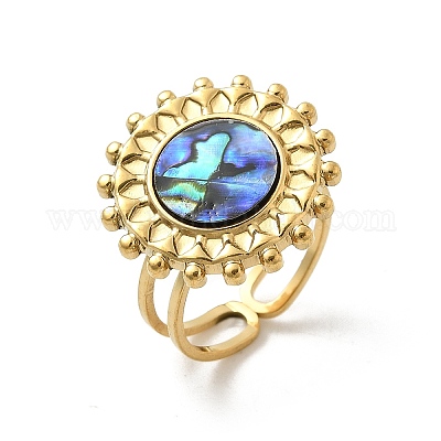 Плоские круглые перстни из ракушки пауа из нержавеющей стали 304 для женщин RJEW-G346-08G-01-1