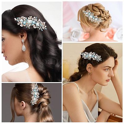 Расчески для волос из сплава со стразами и жемчугом&nbsp;MRMJ-WH0077-061LG-1