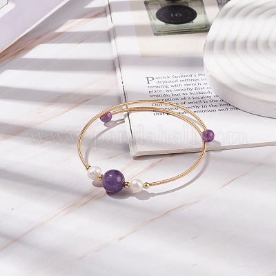 Натуральный аметист и жемчуг круглый браслет из бисера BJEW-JB08464-03-1