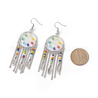 Плетеная сетка/паутина из сплава с серьгами-люстрами из перьев со стеклянными бусинами EJEW-TA00159-1