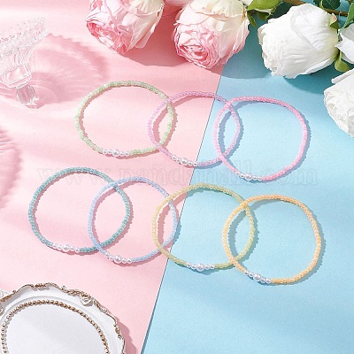 7шт 7 цвета круглые стеклянные бусины эластичные браслеты для женщин BJEW-JB11779-1