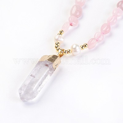 Натуральный розовый кварц и натуральный кристалл из кварцевого подвесного ожерелья NJEW-I220-03-1