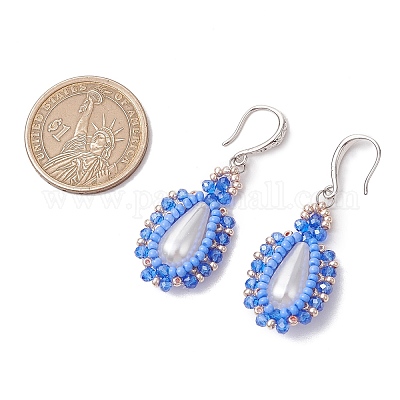 Серьги-подвески из искусственного акрилового жемчуга и стекла EJEW-MZ00390-02-1