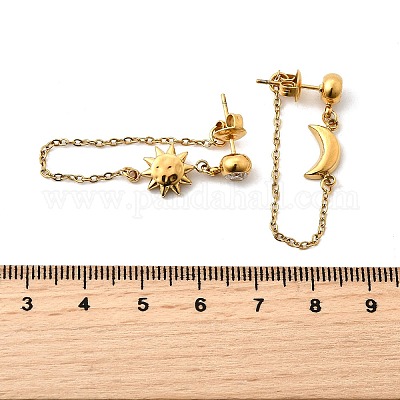 Серьги-гвоздики с кисточками из нержавеющей стали 304 с микропаве из прозрачных кубических цирконий и луной и солнцем EJEW-B140-04G-1