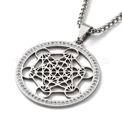 Ожерелье с подвеской в виде плоского круглого шестиугольника из хрустальных страз с цепочкой из нержавеющей стали 201 NJEW-K253-11P-1