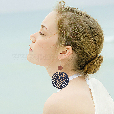 3 пара двухцветных полых плоских круглых деревянных сережек-гвоздиков с железными штифтами для женщин EJEW-AN0003-90-1