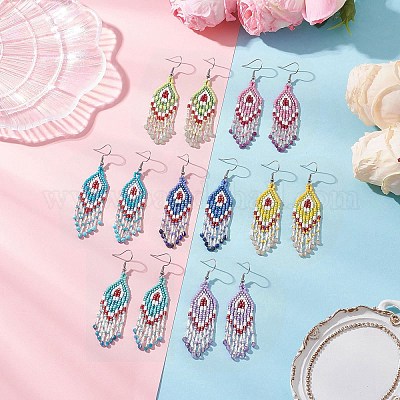 7 пара серег-подвесок в форме ромба из натуральных драгоценных камней EJEW-MZ00567-1