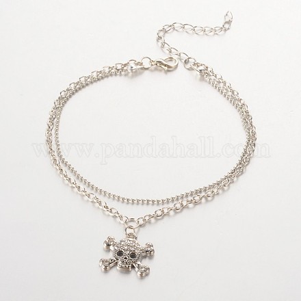 Skull and Crossbones Alloy Rhinestone Charm Multi-strand Anklets AJEW-AN00092-01-1