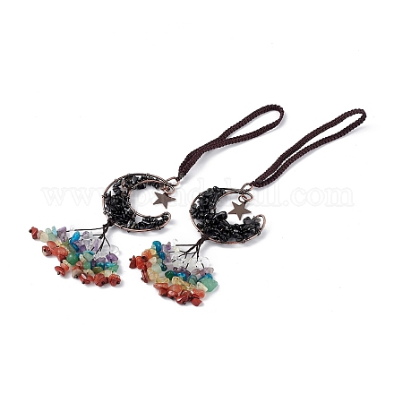 Natural Black Agate Moon with Mixed Gemstone Chips Tassel Pendant Decorations G-L524-07R-A01-1