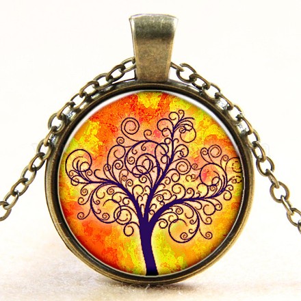 Tree Of Life Pattern Flat Round Glass Pendant Necklaces NJEW-N0051-048F-01-1