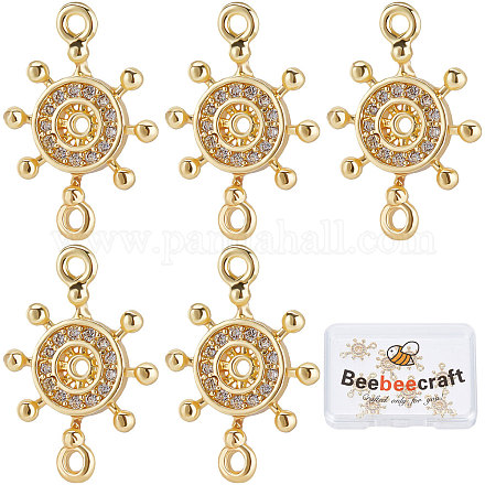 Beebeecraft 10Pcs/Box Ship Wheel Charms 18K Gold Plated Brass Anchor Helm Cubic Zirconia Connector Links with 2 Holes for DIY Jewelry Bracelet Necklace Earring Making Crafting KK-BBC0003-34-1