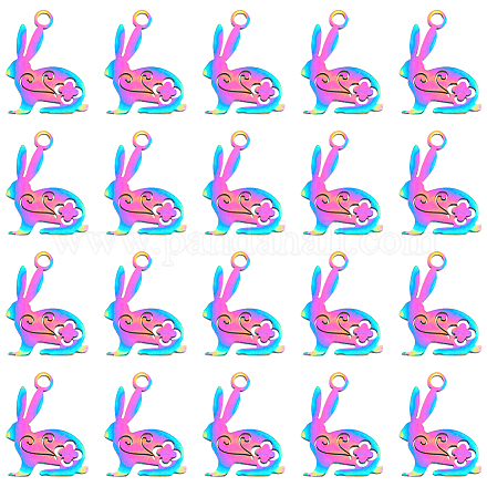 Hobbyay 20 個 201 ステンレス鋼バニーチャーム 16x12 ミリメートル虹色のウサギのチャーム動物イースターバニーペンダントイースターネックレスブレスレットイヤリング作り  穴：1.5mm STAS-HY0001-02RC-1