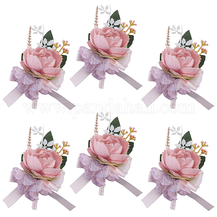 絹の布の模造牡丹コサージュ  シルクリボンと鉄のブローチ付き  結婚式のための  パーティーの装飾  ピンク  125~135x80~85mm AJEW-WH0285-81B-1