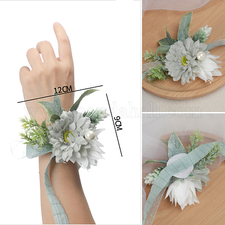 絹布模造花手首コサージュ  花嫁またはブライドメイドのための手の花  結婚式  パーティーの装飾  ライトシーグリーン  120x90mm HULI-PW0001-07C-1