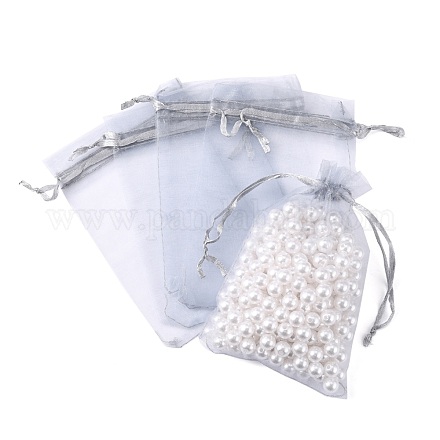 オーガンジーバッグ巾着袋  リボン付き  ライトグレー  15x10cm X-OP-R016-10x15cm-05-1