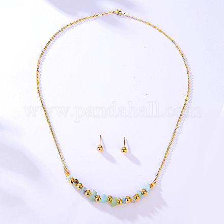 Ожерелье с подвеской и круглыми серьгами с амазонитовой крошкой и натуральными цветами RE2952-1-1