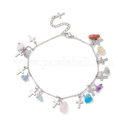 Natural & Synthetic Mixed Gemstone Chips & Cross Charms Anklet AJEW-AN00512-04-1