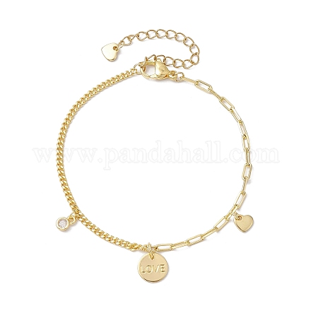 Латунные плоские круглые браслеты с подвесками в виде сердечек с прозрачным фианитом BJEW-JB10397-1