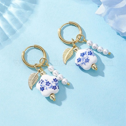 Серьги-кольца из латуни с цветком и листом EJEW-JE06745-1