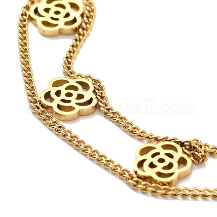 Ion Plating(IP) 304 Stainless Steel Flower Charms Double Layered Bracelet BJEW-G646-03G-1