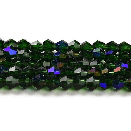 透明電気メッキガラスビーズ連売り  ABカラーメッキ  多面カット  双円錐形  濃い緑  4x4mm  穴：0.8mm  約87~98個/連  12.76~14.61インチ（32.4~37.1cm） GLAA-F029-4mm-D25-1