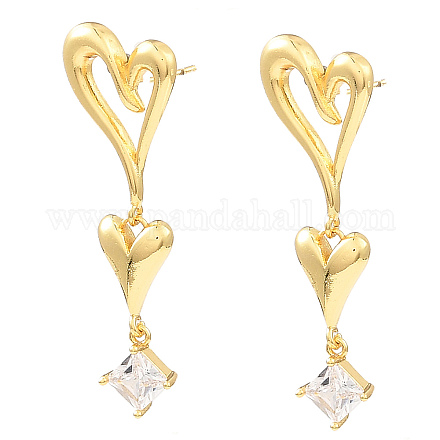 Rack Plating Brass Heart Dangle Stud Earrings with Cubic Zirconia EJEW-L261-009G-1