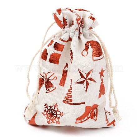 クリスマステーマの綿生地布バッグ  巾着袋  クリスマスパーティースナックギフトオーナメント用  クリスマステーマの模様  14x10cm ABAG-H104-B13-1