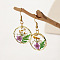 Alloy Epoxy Dried Flower Dangle Earrings, with Steel Pins, Flat Round, Golden, Orchid, 41x21mm