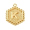 Brass Pendants, Hexagon Letter Charms, Letter K, 20x16x2.5mm, Hole: 1.5mm