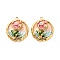 304 Stainless Steel Enamel Pendants, with ABS Imitation Pearl, Flat Round with Flower, Ion Plating(IP), Real 18K Gold Plated, Misty Rose, 24x21x10mm, Hole: 1.8mm