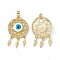 Woven Net/Web with Feather Brass Micro Pave Cubic Zirconia Pendants, Cadmium Free & Nickel Free & Lead Free, Enamel Evi Eye Charms, Real 18K Gold Plated, 32.5mm, Hole: 3x5.5mm