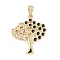 Brass Micro Pave Clear Cubic Zirconia Pendants, Tree, with Enamel, Real 18K Gold Plated, Black, 25x21.5x3mm, Hole: 3x6mm