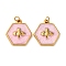 304 Stainless Steel Enamel Pendants, Hexagon with Bees Charm, with Jump Ring, Ion Plating(IP), Real 18K Gold Plated, Pink, 15.5x15x3mm, Hole: 2.5mm
