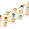 Brass Flat Round with Flower Link Chains, with Glass, Soldered, with Spool, Long-Lasting Plated, Golden, Mixed Color, 13.5x7x3mm, about 32.81 Feet(10m)/Roll