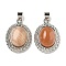 Natural Sunstone Oval Pendants, Rack Plating Brass Gems Charms, Platinum, 27.5x19.5x8mm, Hole: 5x4mm
